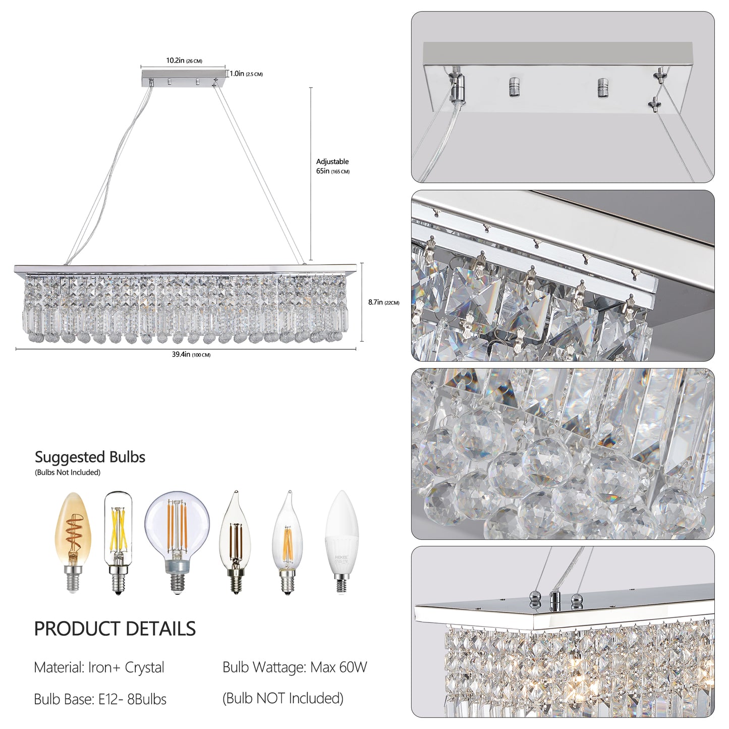 39.4" 8-Light Chrome Raindrop Crystal Chandelier - view 8