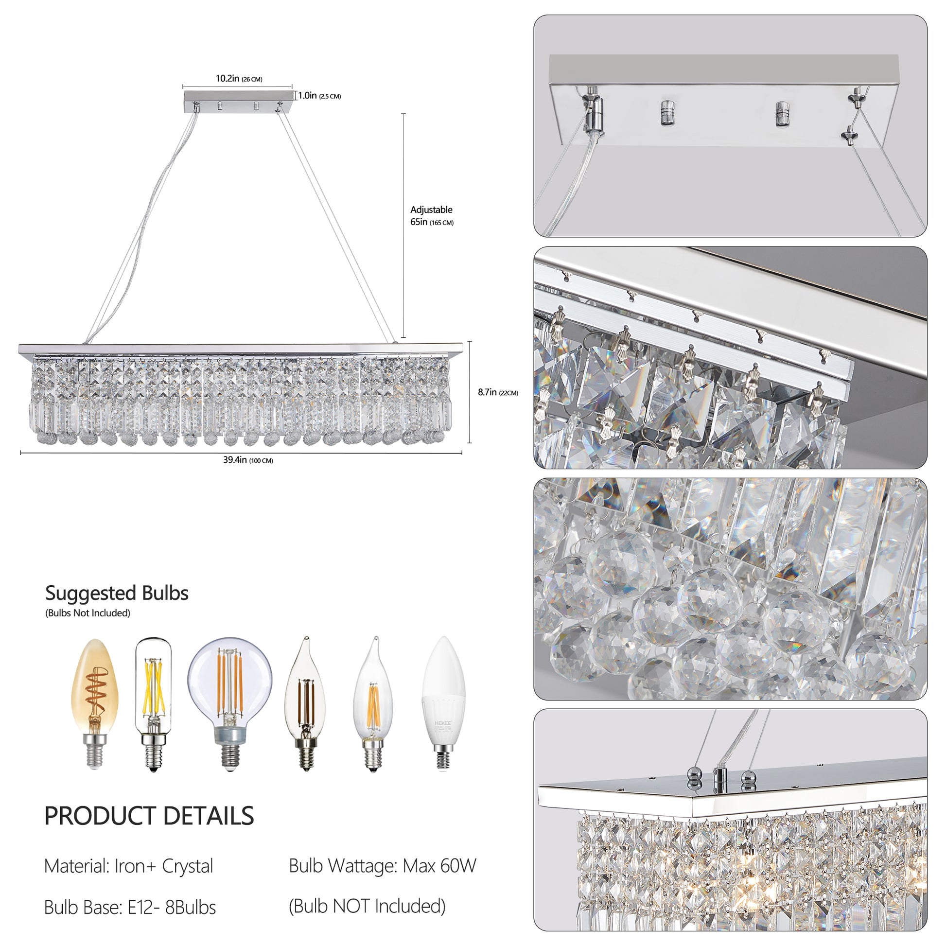 39.4" 8-Light Chrome Raindrop Crystal Chandelier - view 8
