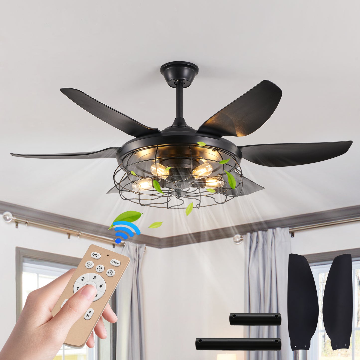 52" Black Industrial Caged Ceiling Fan with Light - view 8