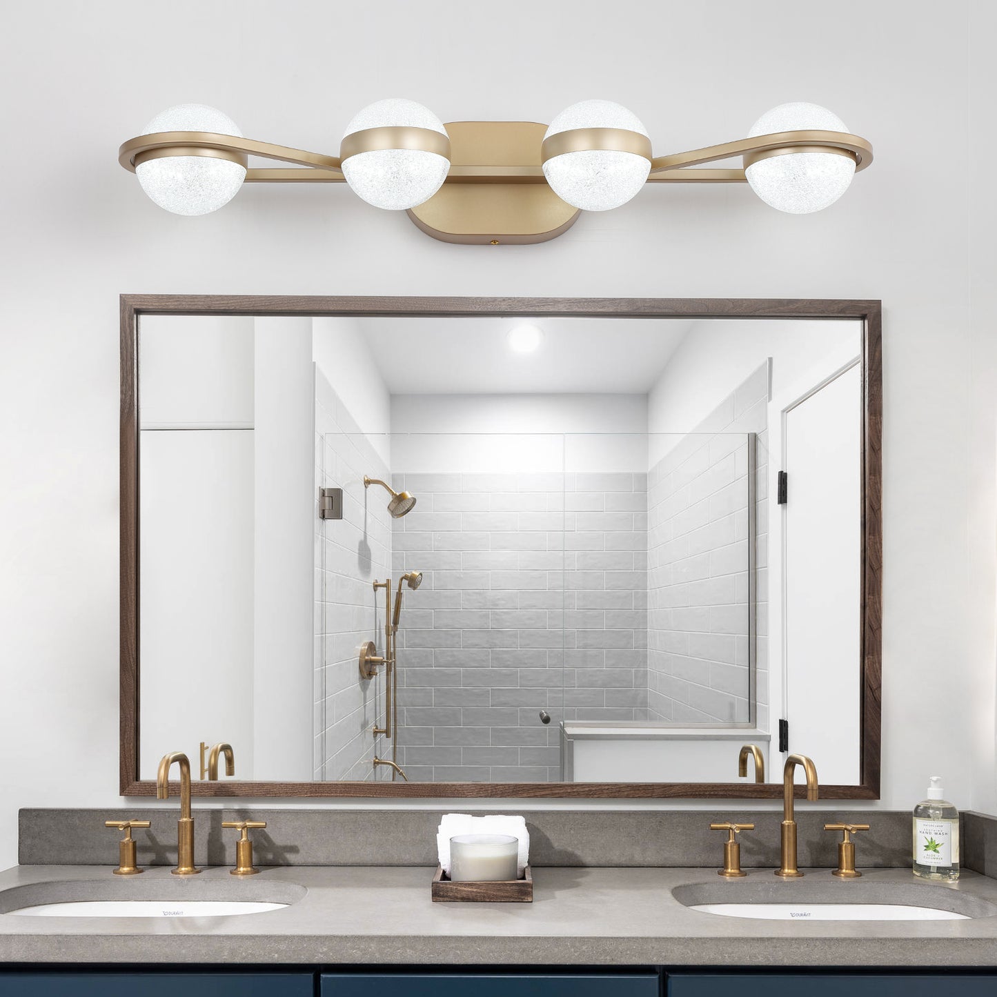 28" 4-Light Gold LED Vanity Light with Crystal Sand Shades