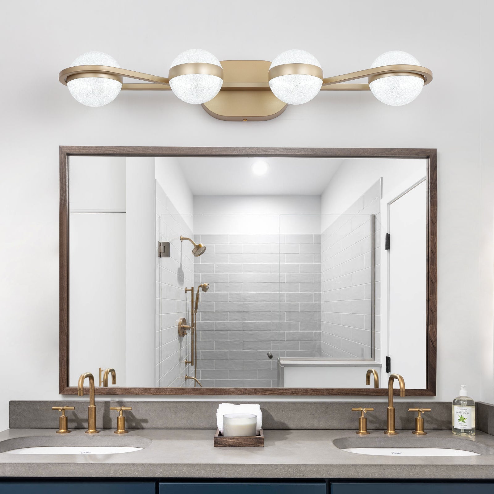 28" 4-Light Gold LED Vanity Light with Crystal Sand Shades