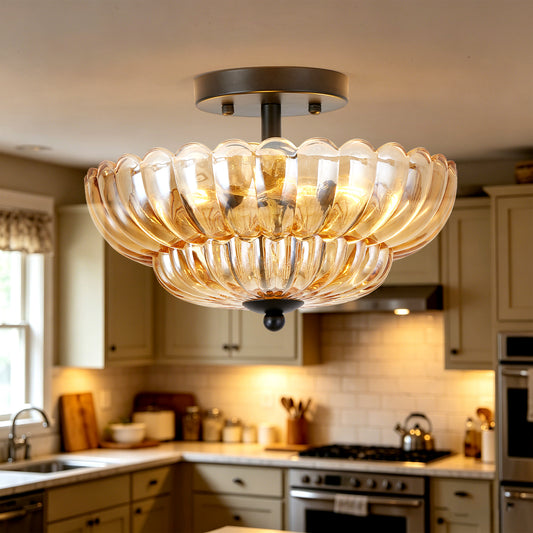 3-Light Black Semi Flush Ceiling Light with Amber Glass