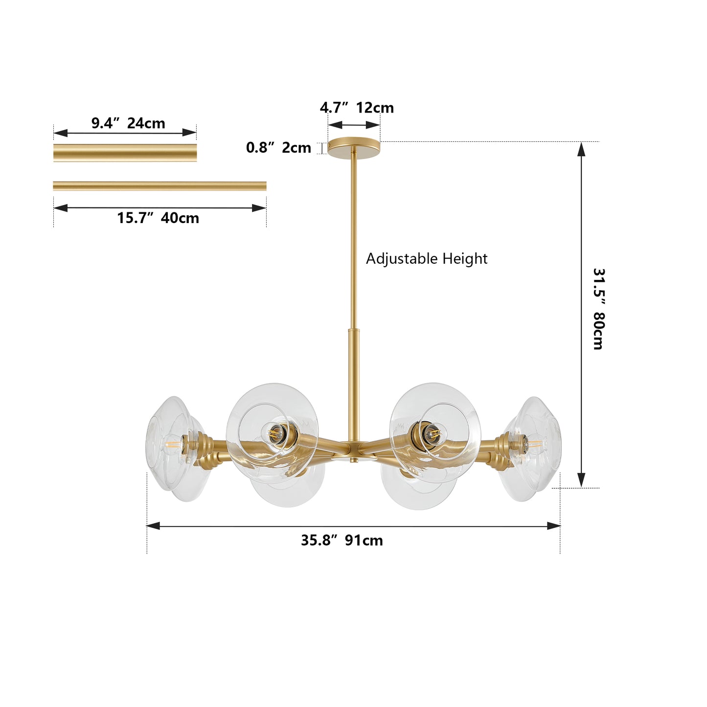 36" 8-Light Gold Sputnik Chandelier with Clear Glass - view 10