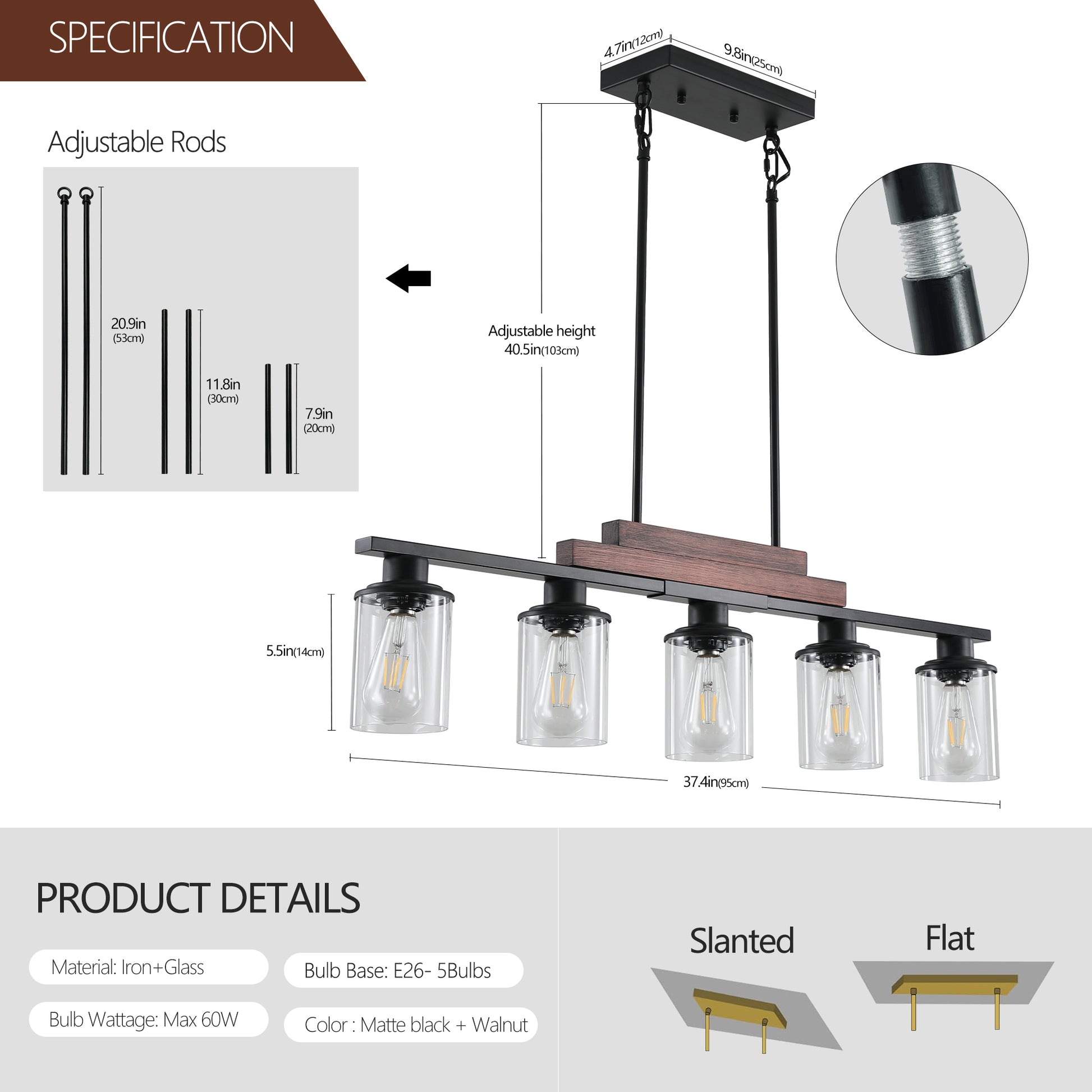 37" 5-Light Walnut Farmhouse Chandelier with Clear Glass - view 8