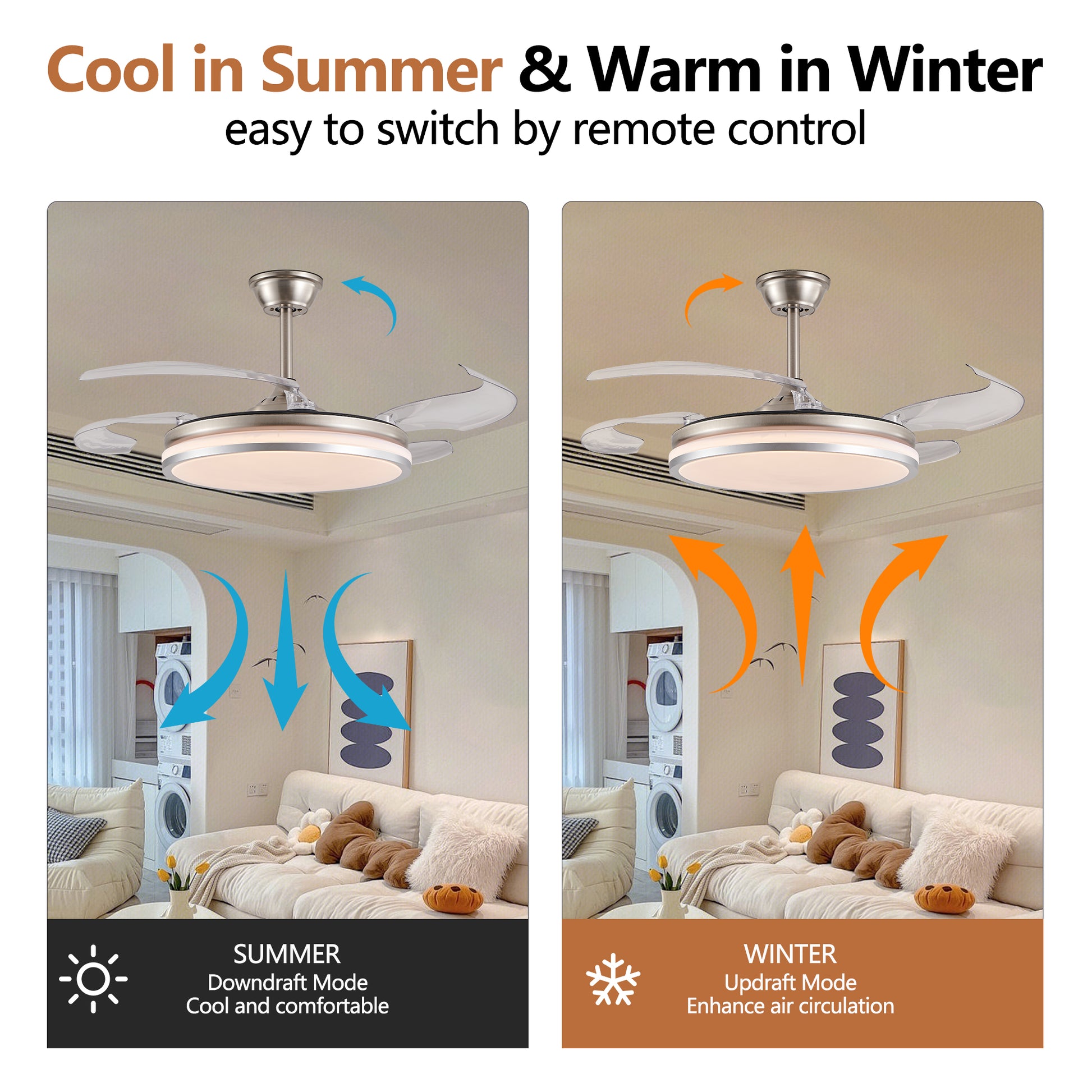 42" Chrome Retractable Blade Ceiling Fan with LED Light - view 10
