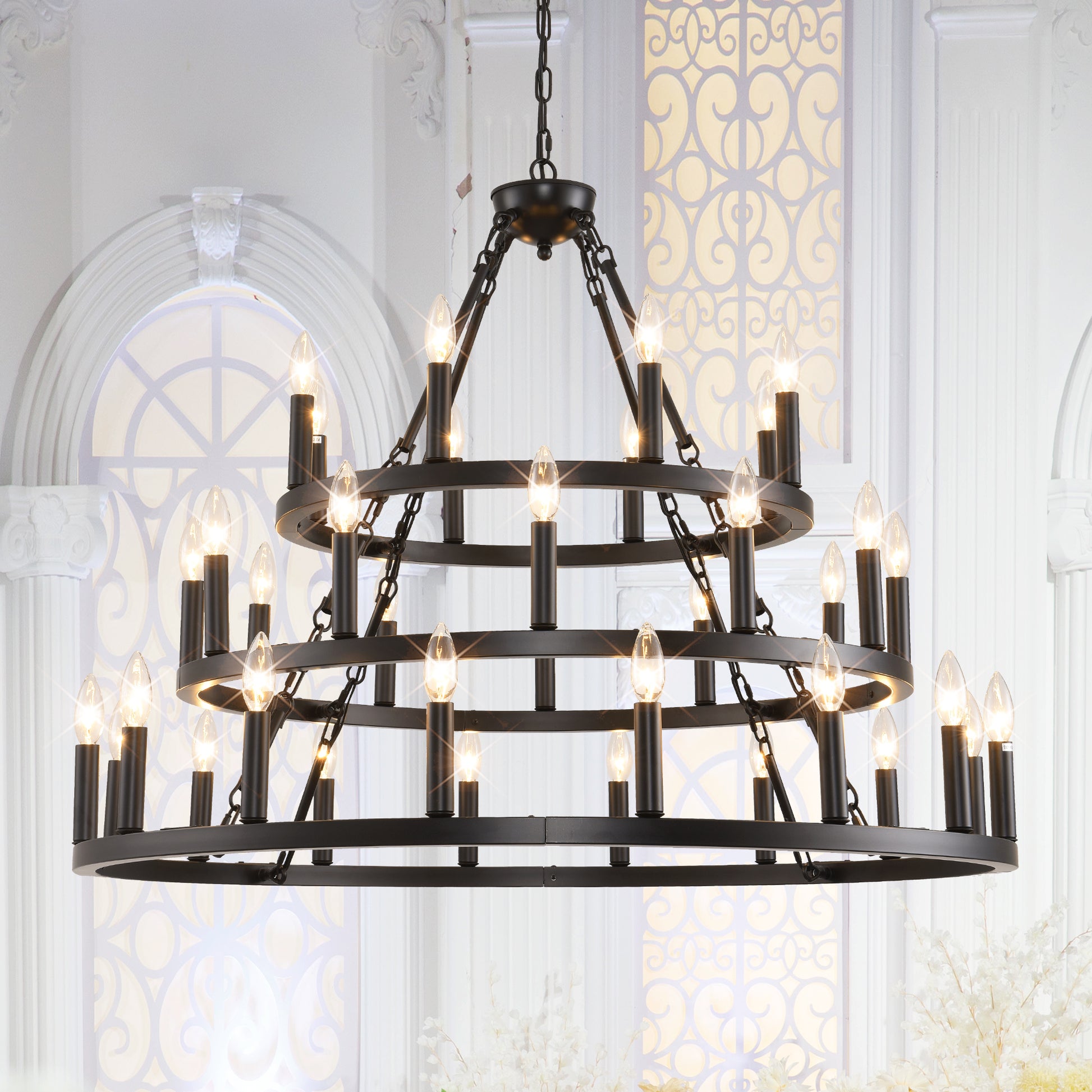 39" 3-Tier Wagon Wheel Farmhouse Chandelier, 36-Light