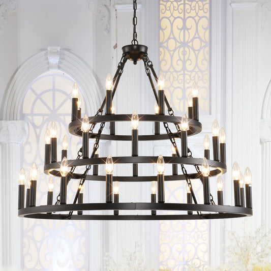 39" 3-Tier Wagon Wheel Farmhouse Chandelier, 36-Light