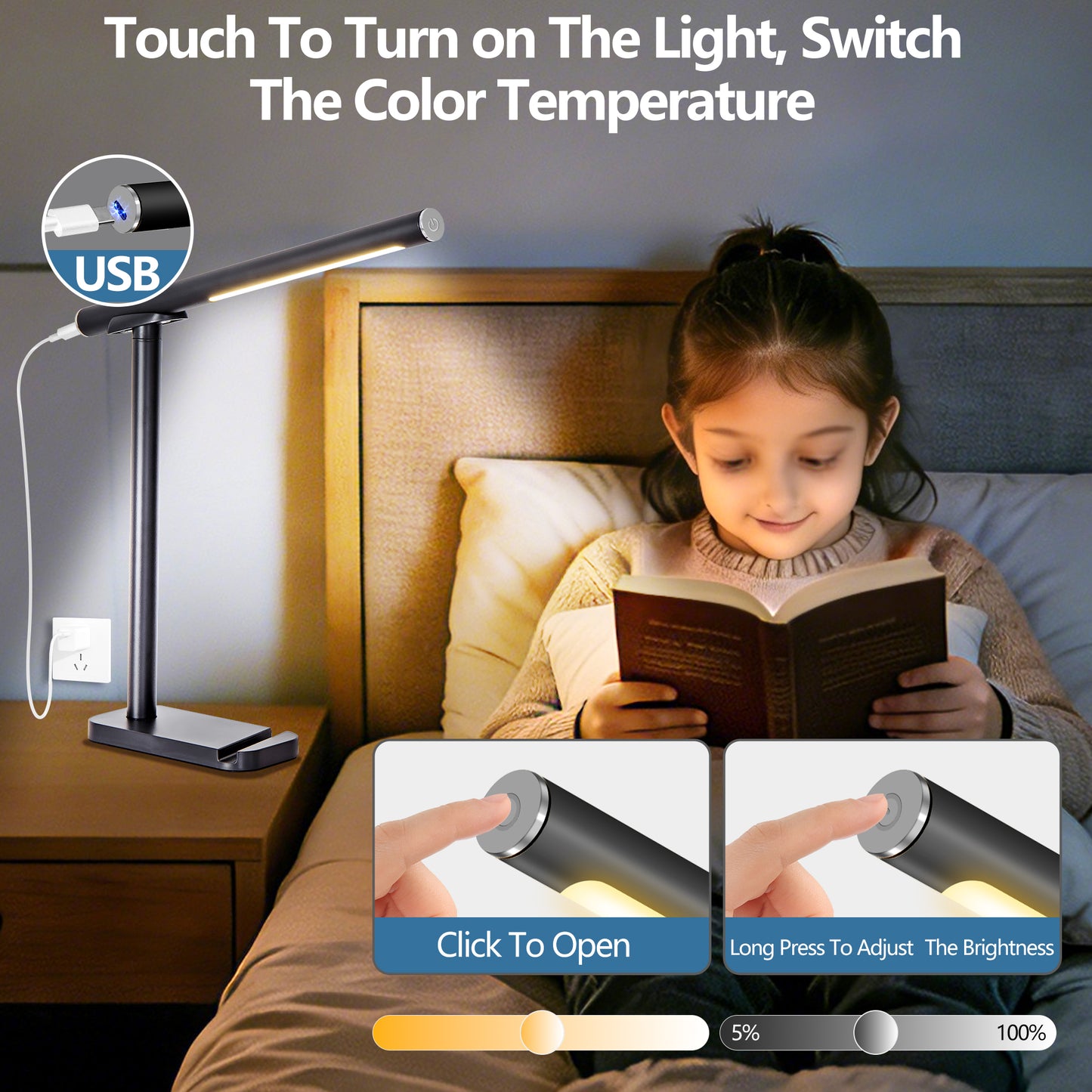Adjustable Black LED Desk Lamp with USB Port - view 3