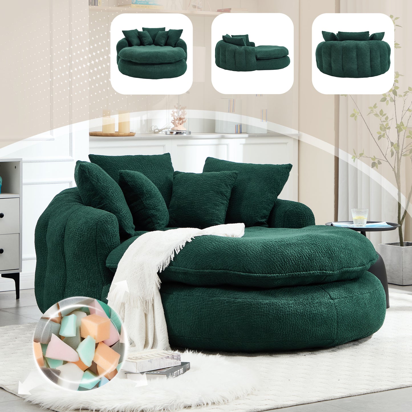 Oversized Oval Chenille Bean Bag Sofa with Pillows – Emerald