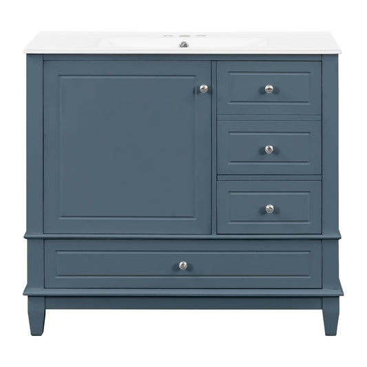 36" Blue Gray Bathroom Vanity with Sink, 3 Drawers & Bottom Drawer
