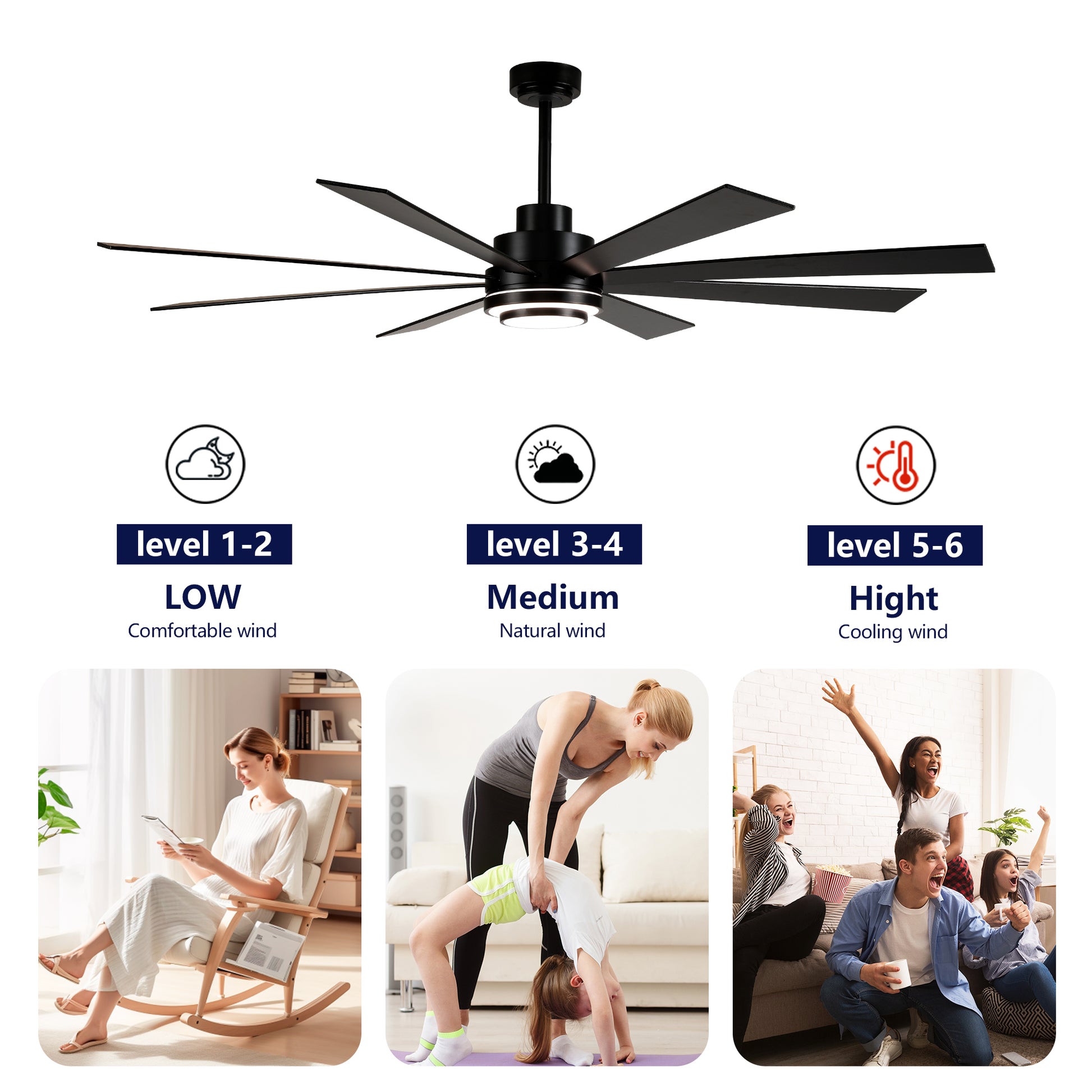 72" Matte Black 8-Blade Ceiling Fan with Dimmable LED - view 16