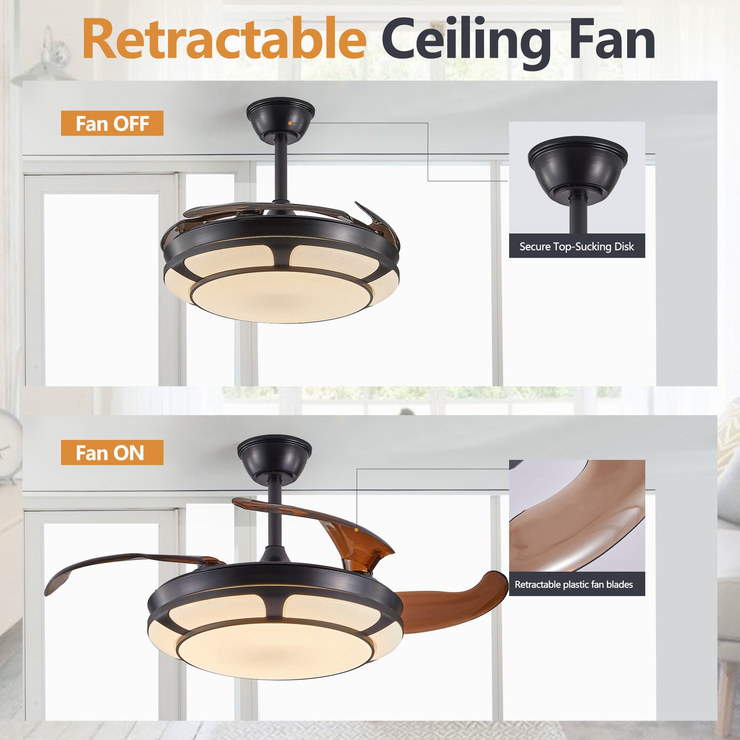 42" Black Retractable Ceiling Fan with Remote - view 7