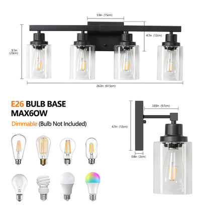 24" 4-Light Black Vanity Light with Clear Glass Shades - view 7