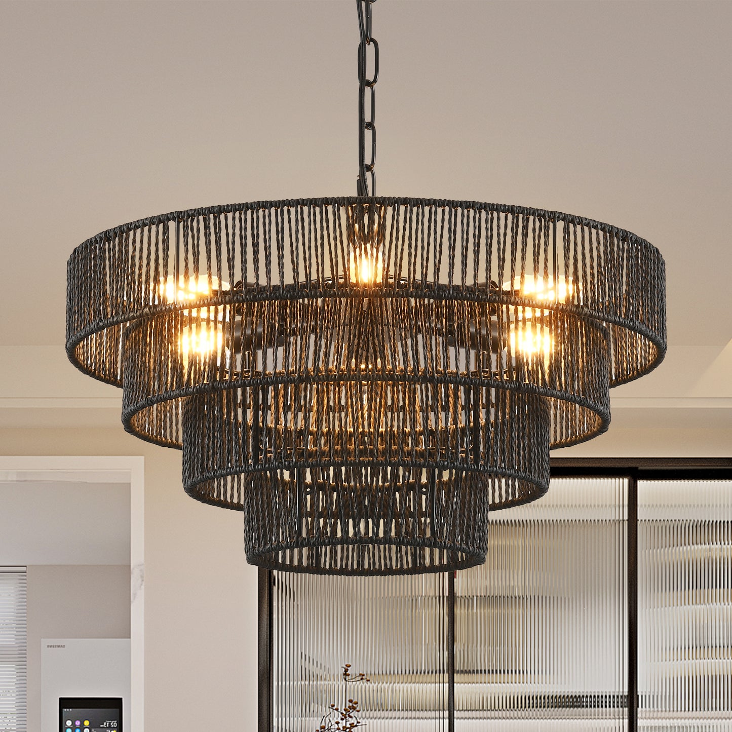 20" 4-Tier Black Hemp Rope Boho Chandelier - view 3