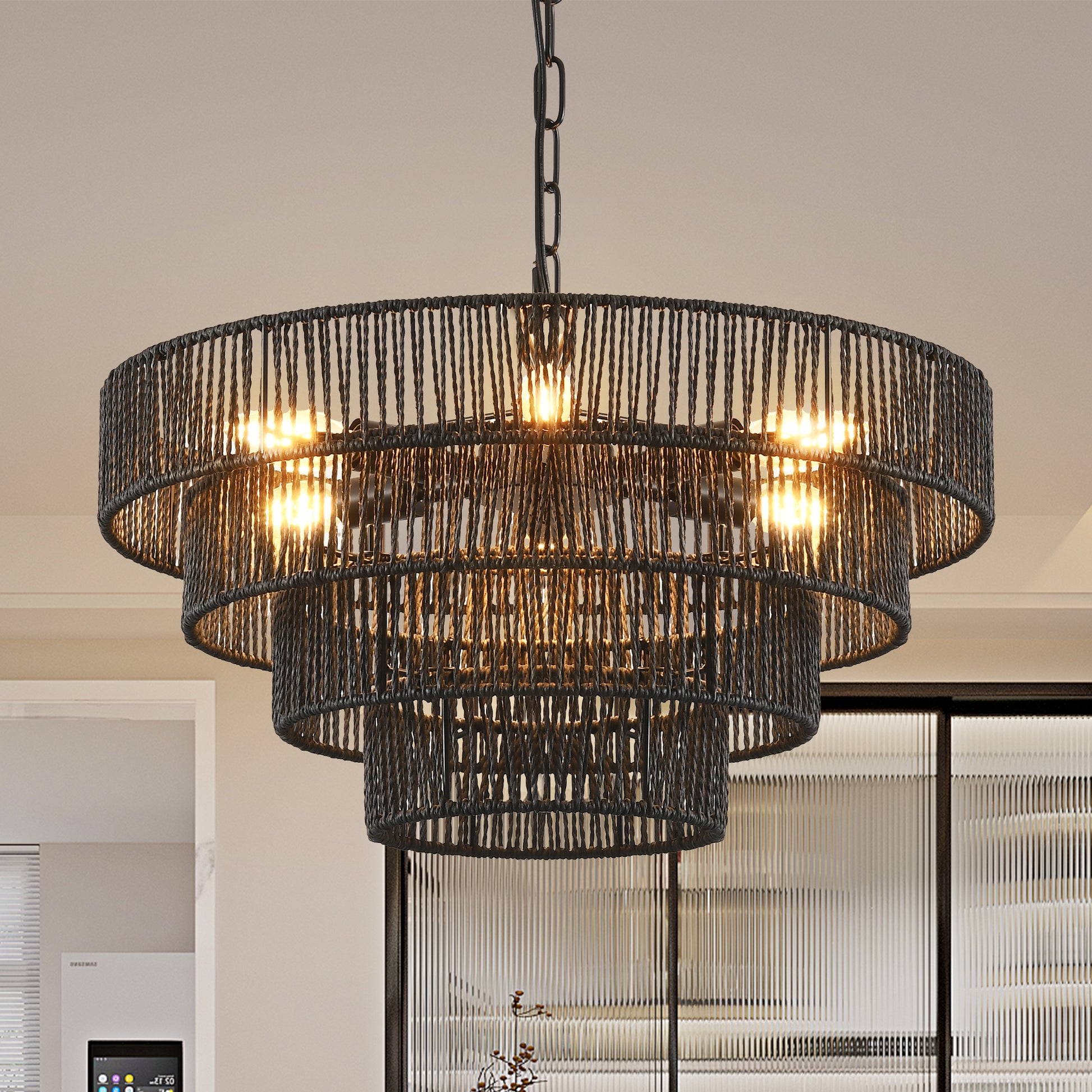 20" 4-Tier Black Hemp Rope Boho Chandelier - view 3