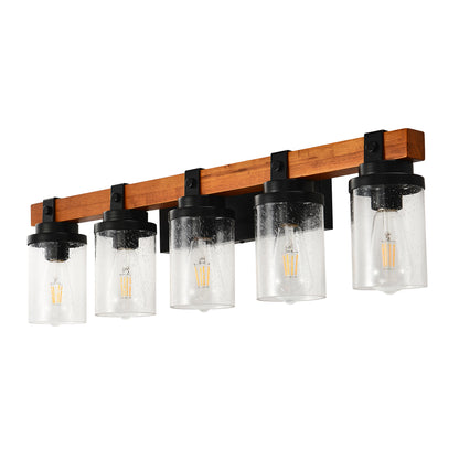 5-Light Matte Black & Wood Wall Light with Glass Shades - view 11