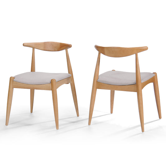 Set of 2 Natural Rubberwood Dining Chairs with Beige Cushion