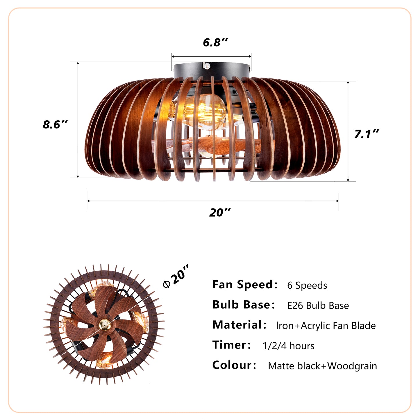 20" Wood Semicircle Flush Mount Ceiling Fan with Remote - view 6
