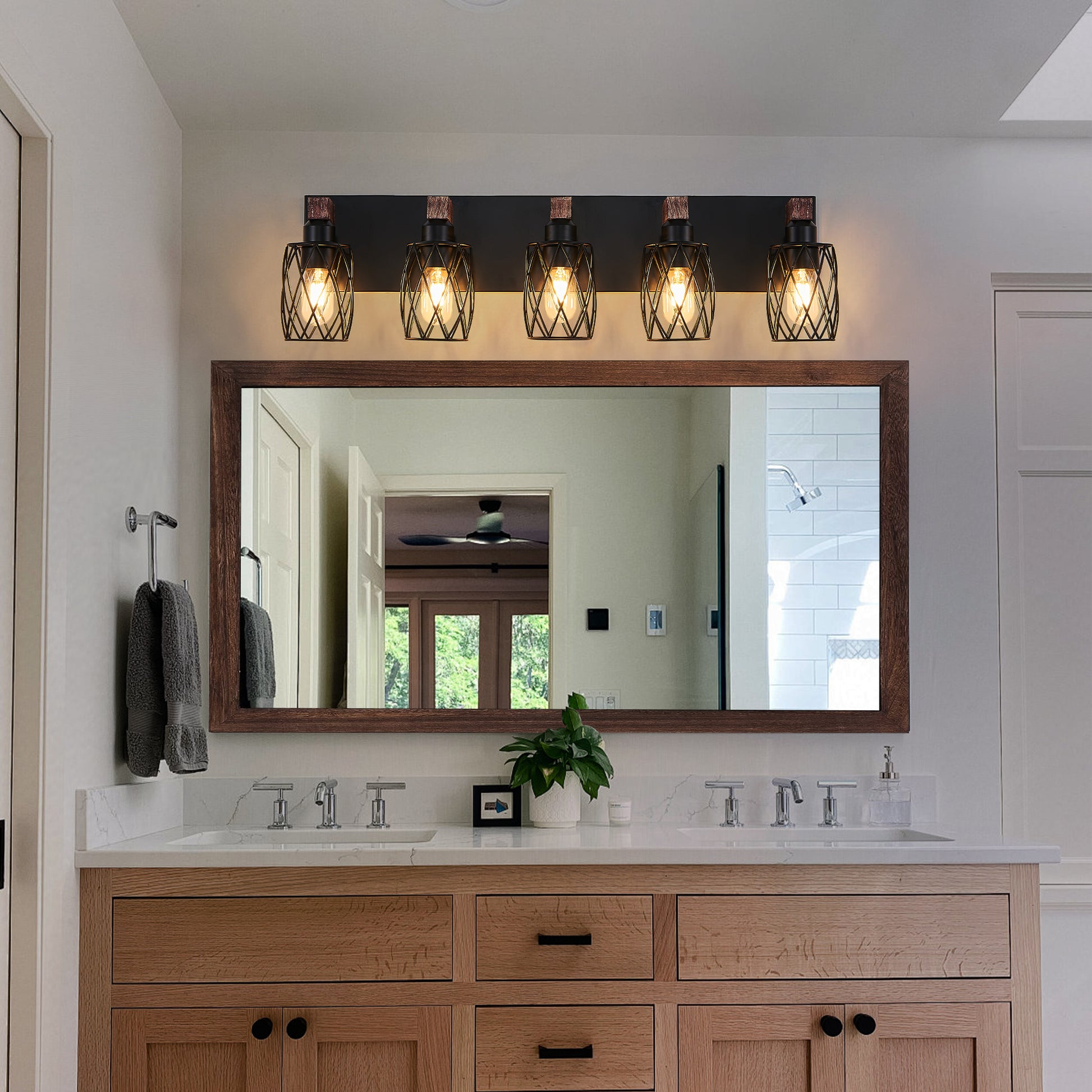 31" 5-Light Black Caged Wall Light with Wood Accents - view 5