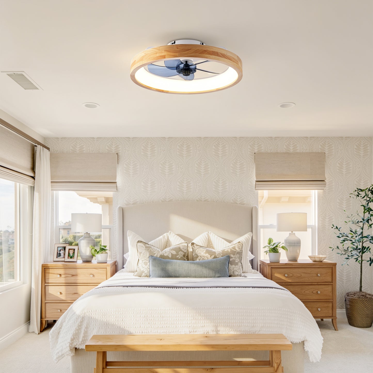 20" Wood & White Flush Mount Ceiling Fan with Dimmable LED - view 5