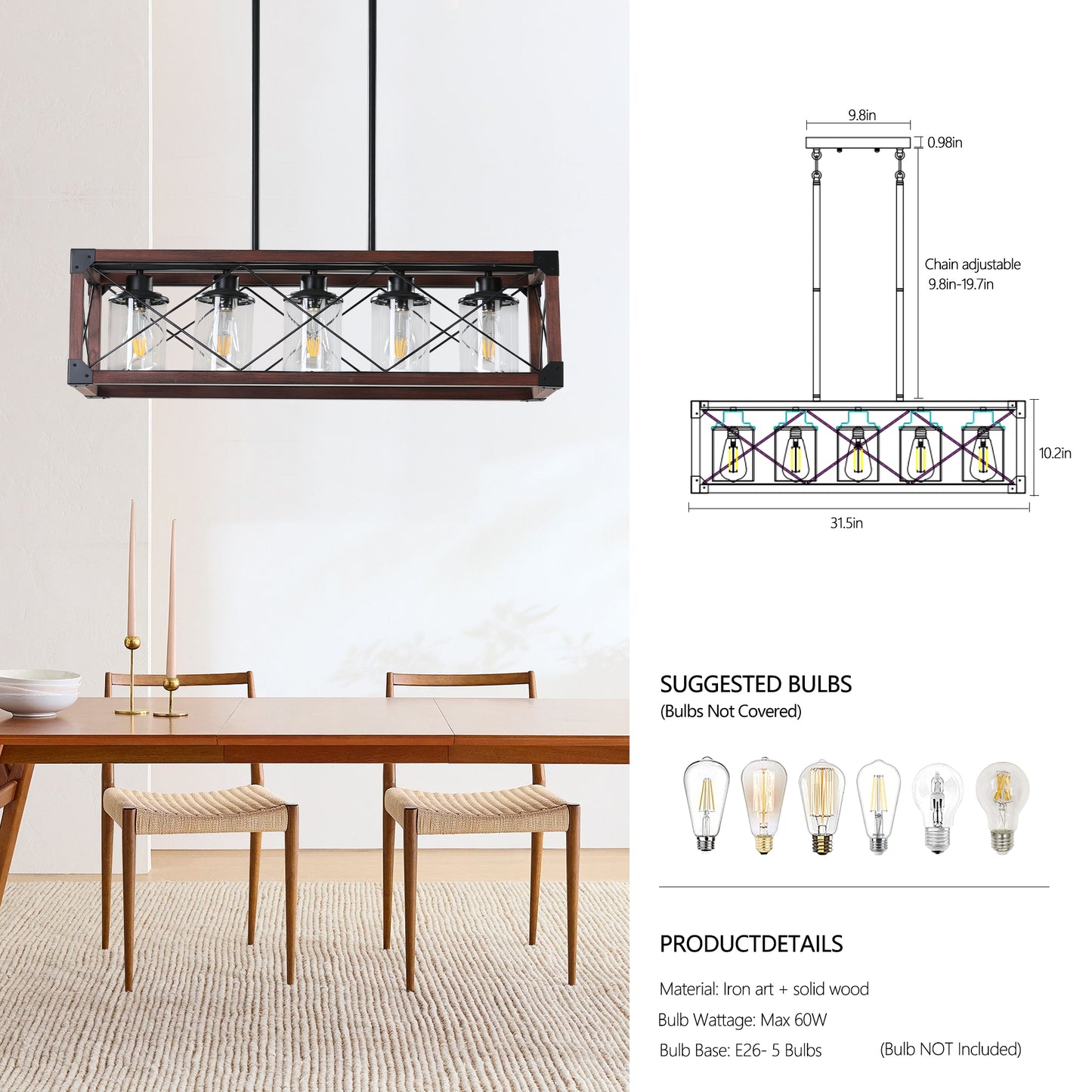 32" Red Wood Farmhouse 5-Light Rectangle Chandelier - view 8