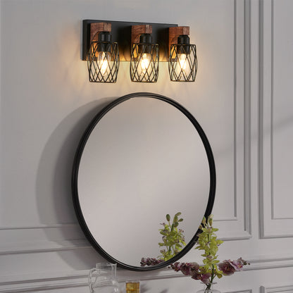 18" 3-Light Black Caged Wall Light with Wood Accents - view 3