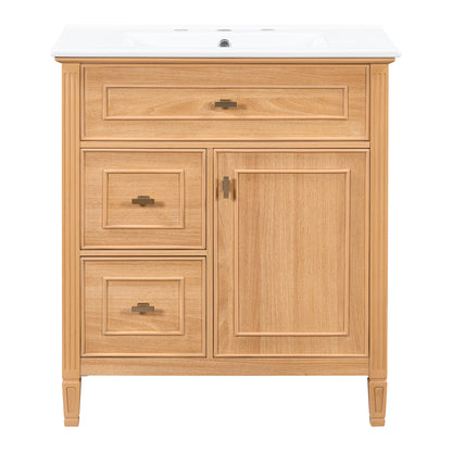 30" Natural Wood Bathroom Vanity with Sink, Flip Drawer & Shelf