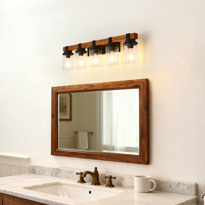 5-Light Matte Black & Wood Wall Light with Glass Shades - view 5