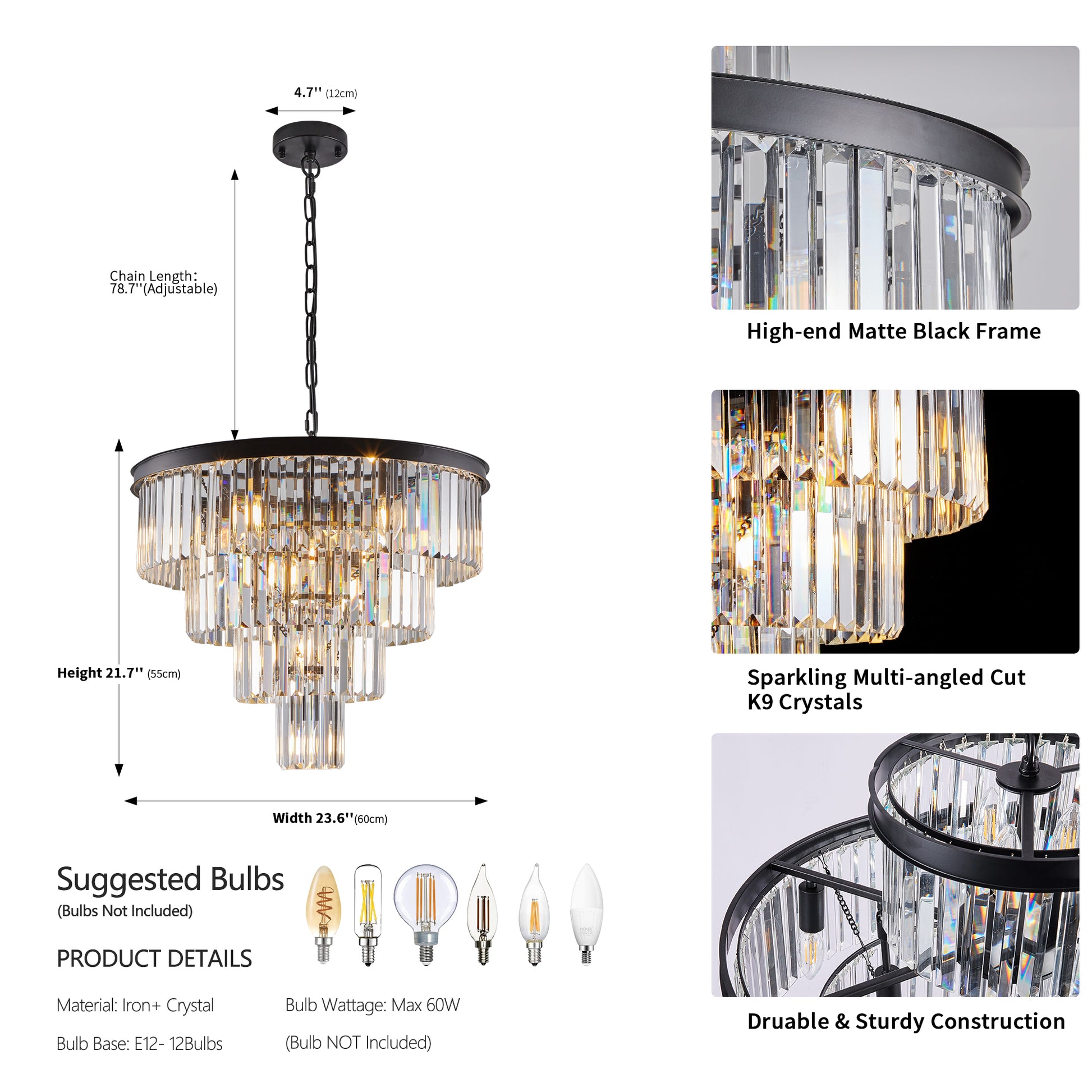 24" 4-Tier Black Crystal Chandelier - view 8