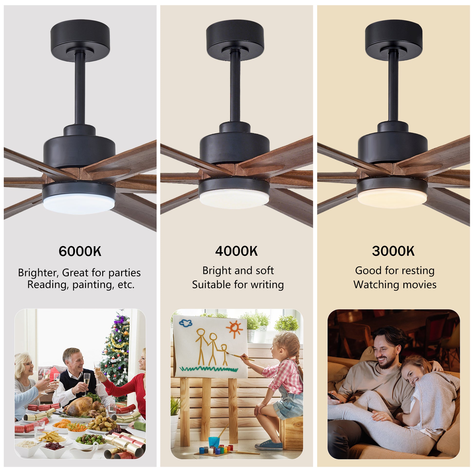 70" Matte Black & Walnut Solid Wood Ceiling Fan - view 8