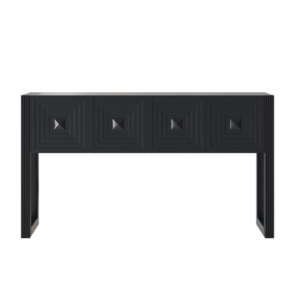 55" Black Geometric Carved Console Table with 3 Drawers