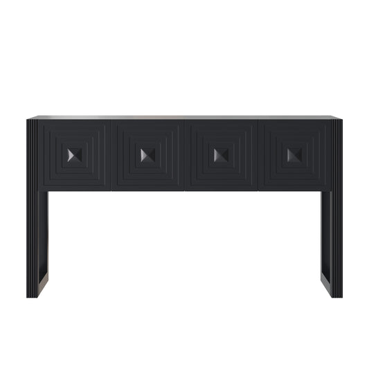 55" Black Geometric Carved Console Table with 3 Drawers
