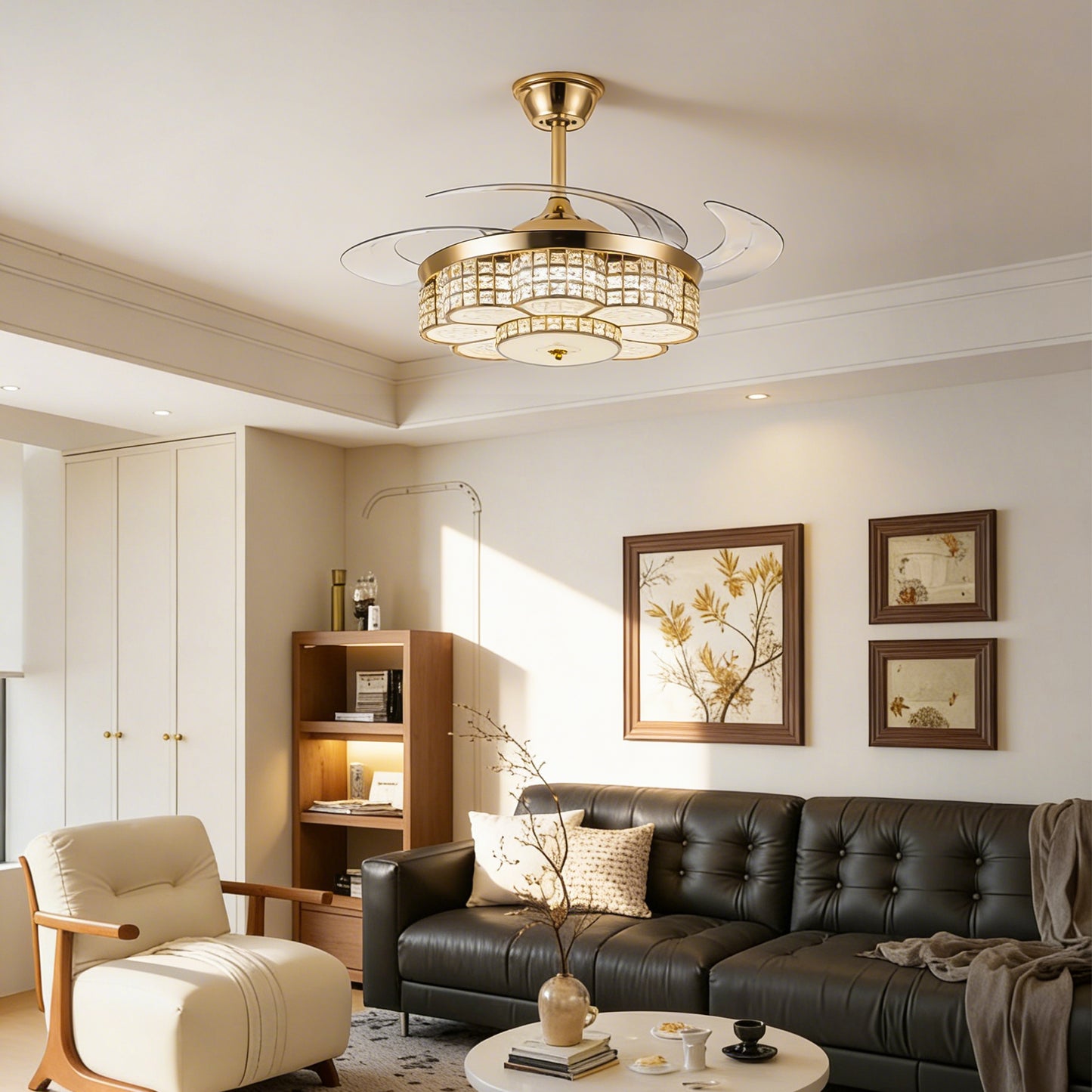 48" Gold Retractable Blade Ceiling Fan with Light & Remote - view 20