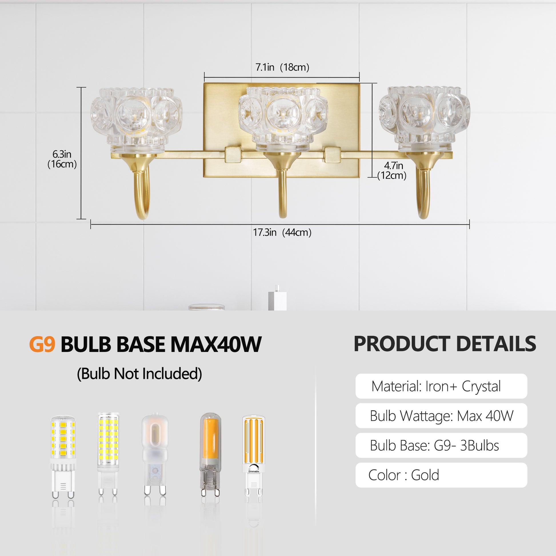 17" 3-Light Gold Crystal Vanity Wall Light - view 7
