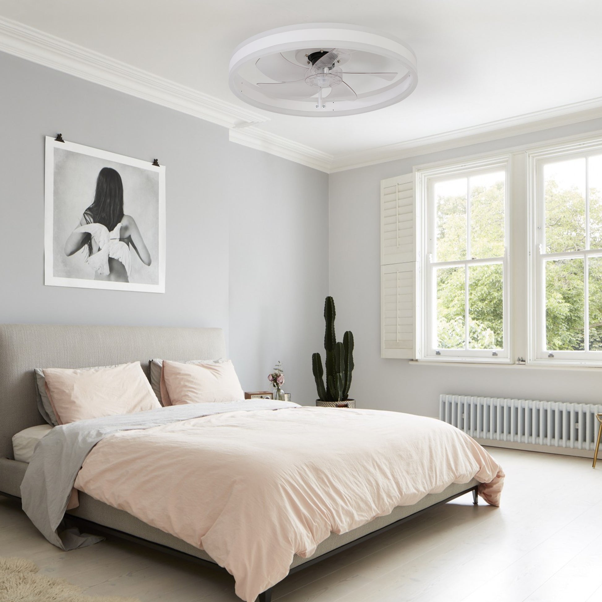 20" White Flush Mount Ceiling Fan with Dimmable LED & Remote - view 2