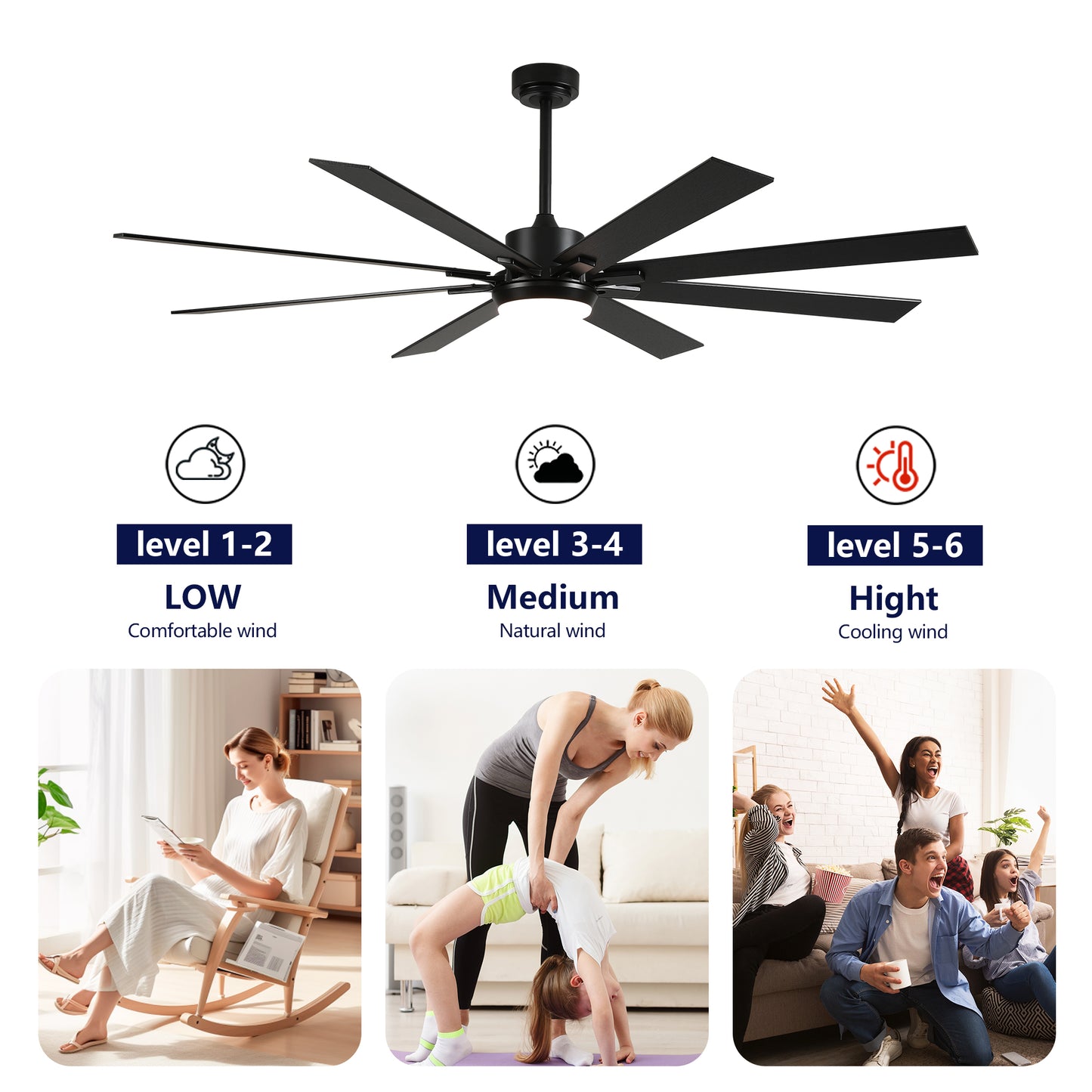 72" Matte Black 8-Blade Ceiling Fan with Dimmable LED - view 15