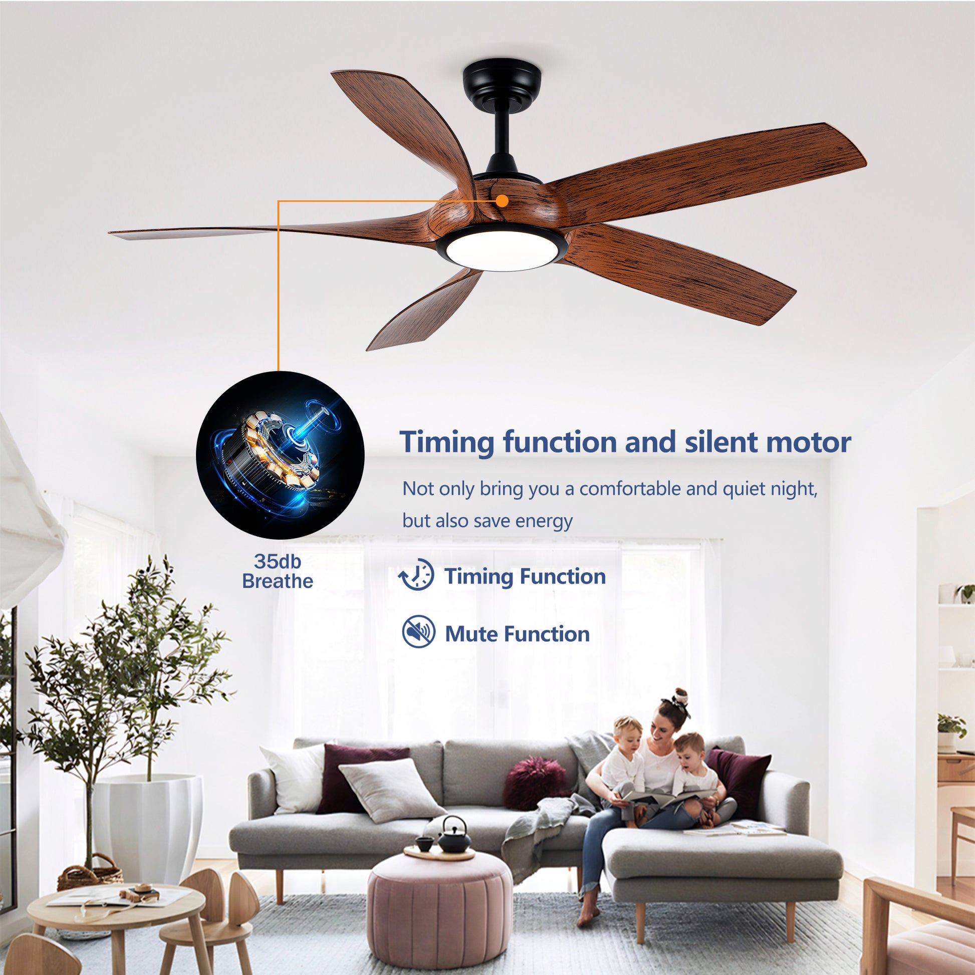 56" 5-Blade Matte Black & Wood Ceiling Fan with Remote - view 13