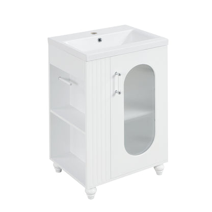 20" White Bathroom Vanity with Ceramic Sink and Open Side Shelves