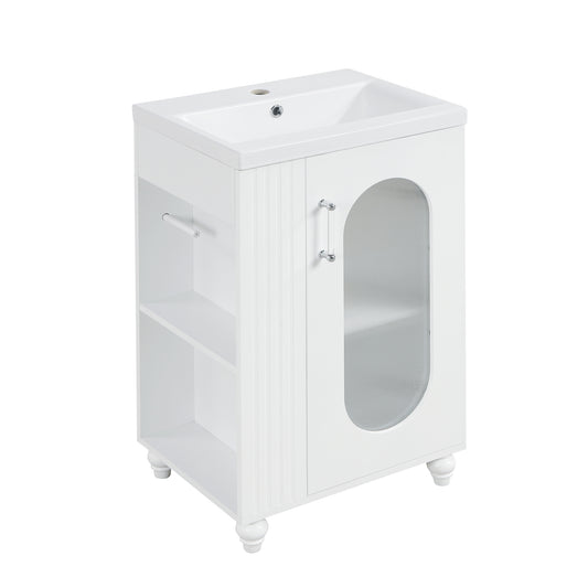 20" White Bathroom Vanity with Ceramic Sink and Open Side Shelves