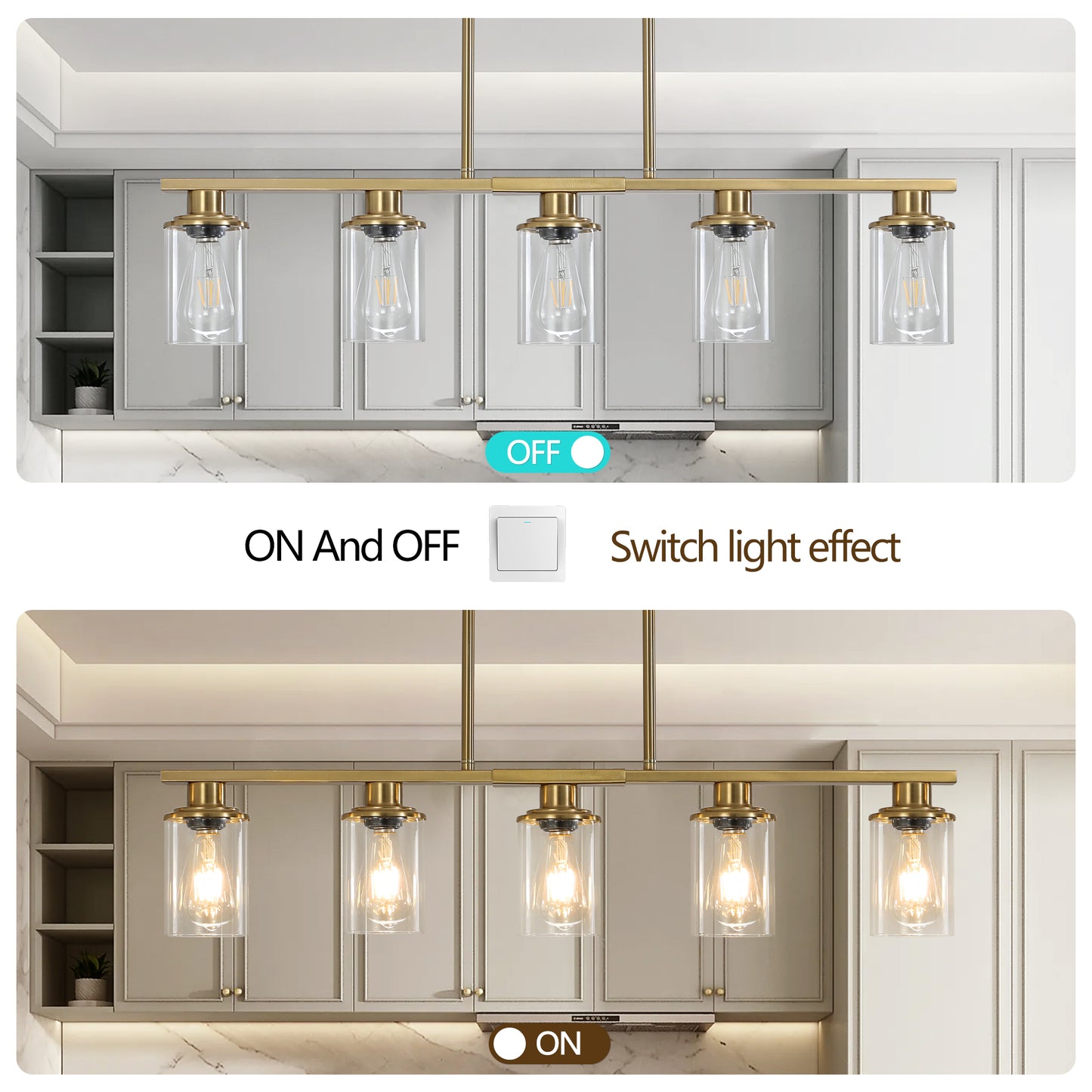 37" Gold Industrial 5-Light Chandelier with Glass Shades - view 7