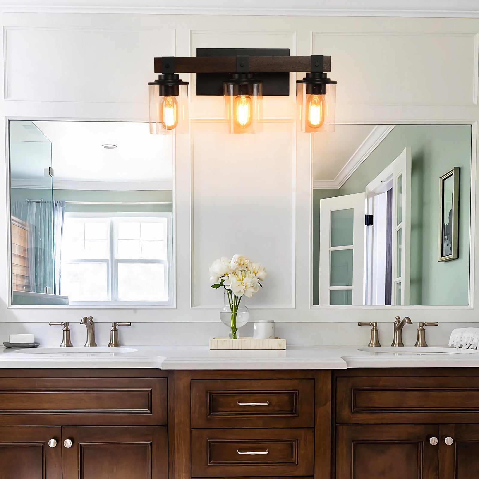 19" 3-Light Walnut Farmhouse Vanity Light with Glass Shades - view 4