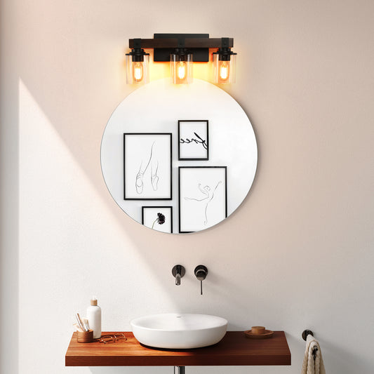 19" 3-Light Walnut Farmhouse Vanity Light with Glass Shades