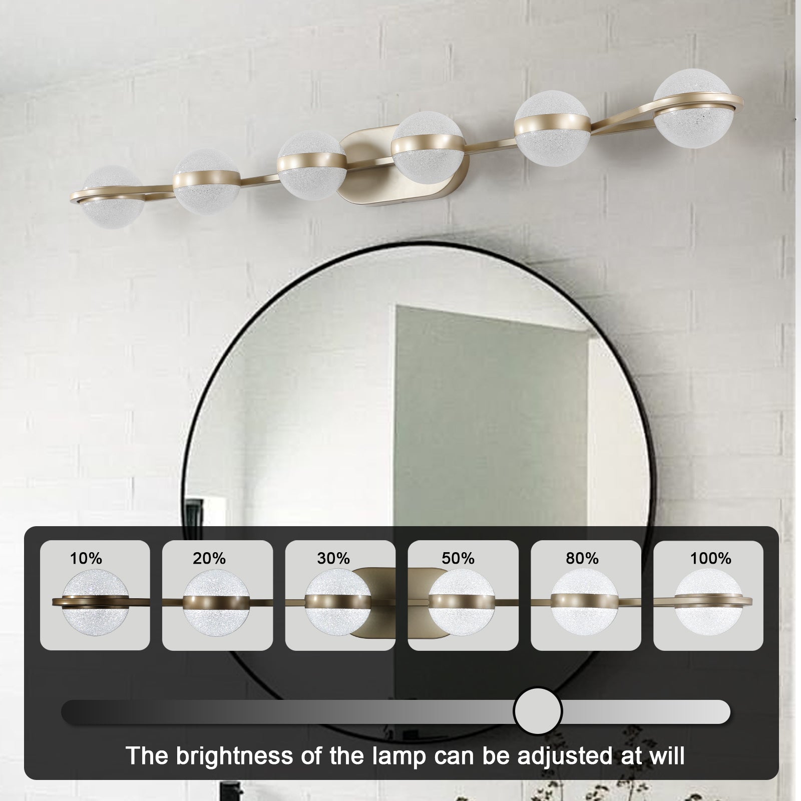 43" 6-Light Gold LED Vanity Light with Crystal Sand Shades - view 6