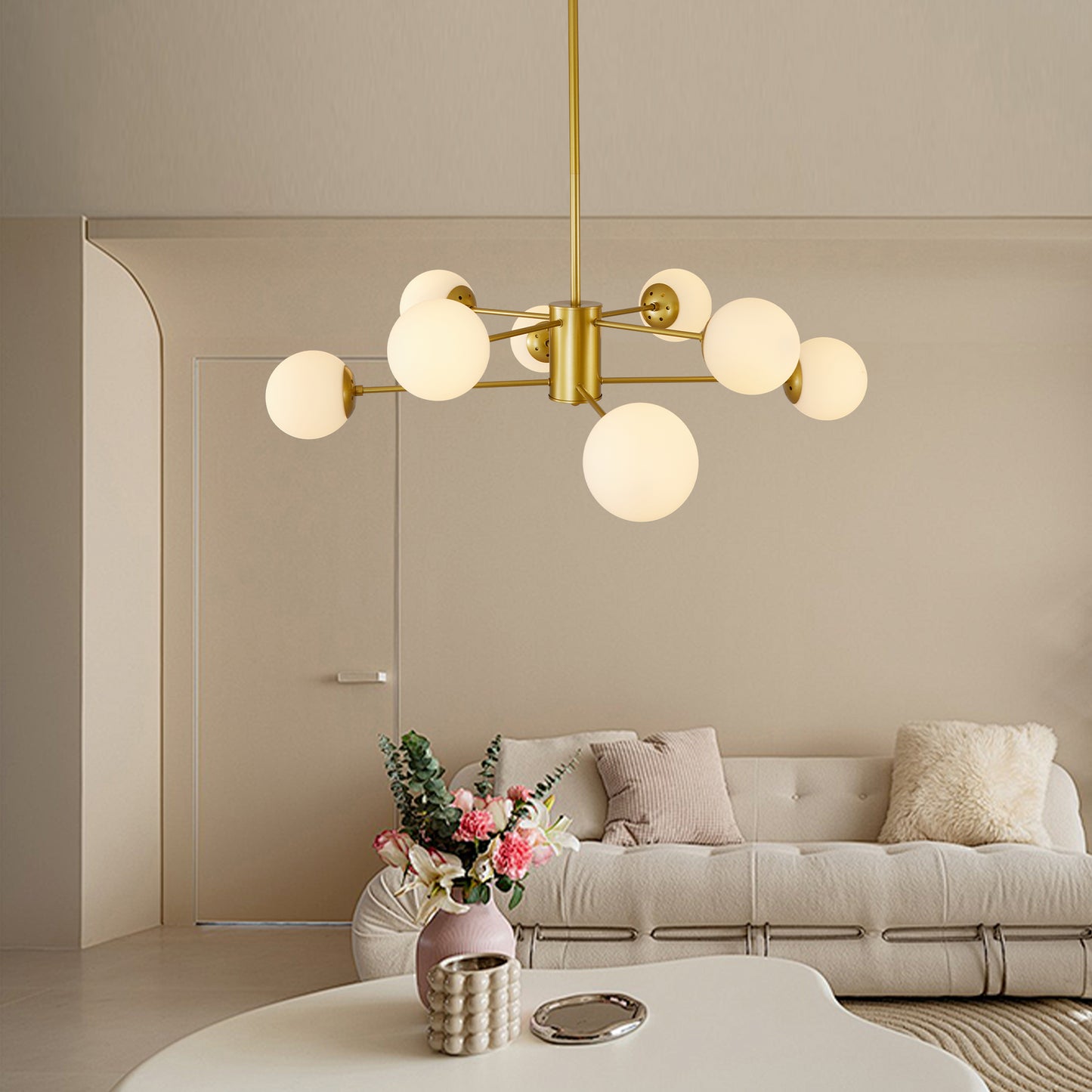 35" 8-Light Gold Mid-Century Chandelier with Glass Globes - view 5