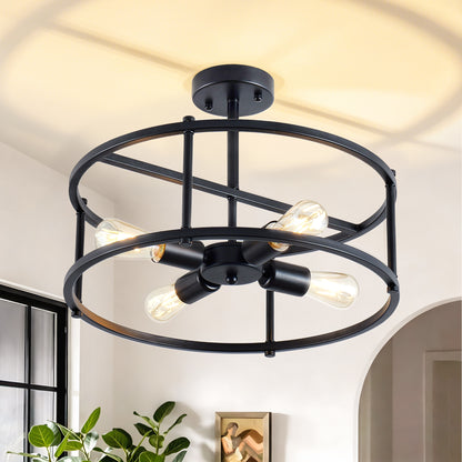 4-Light Black Industrial Semi Flush Mount Chandelier