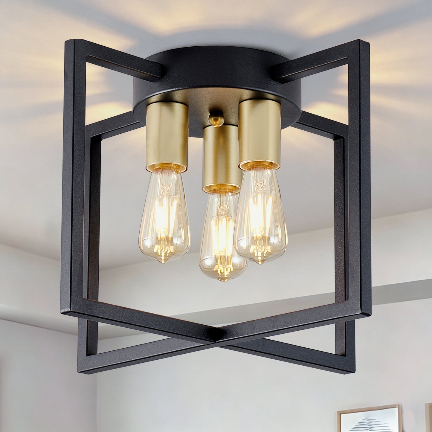 3-Light Black & Gold Geometric Semi Flush Chandelier