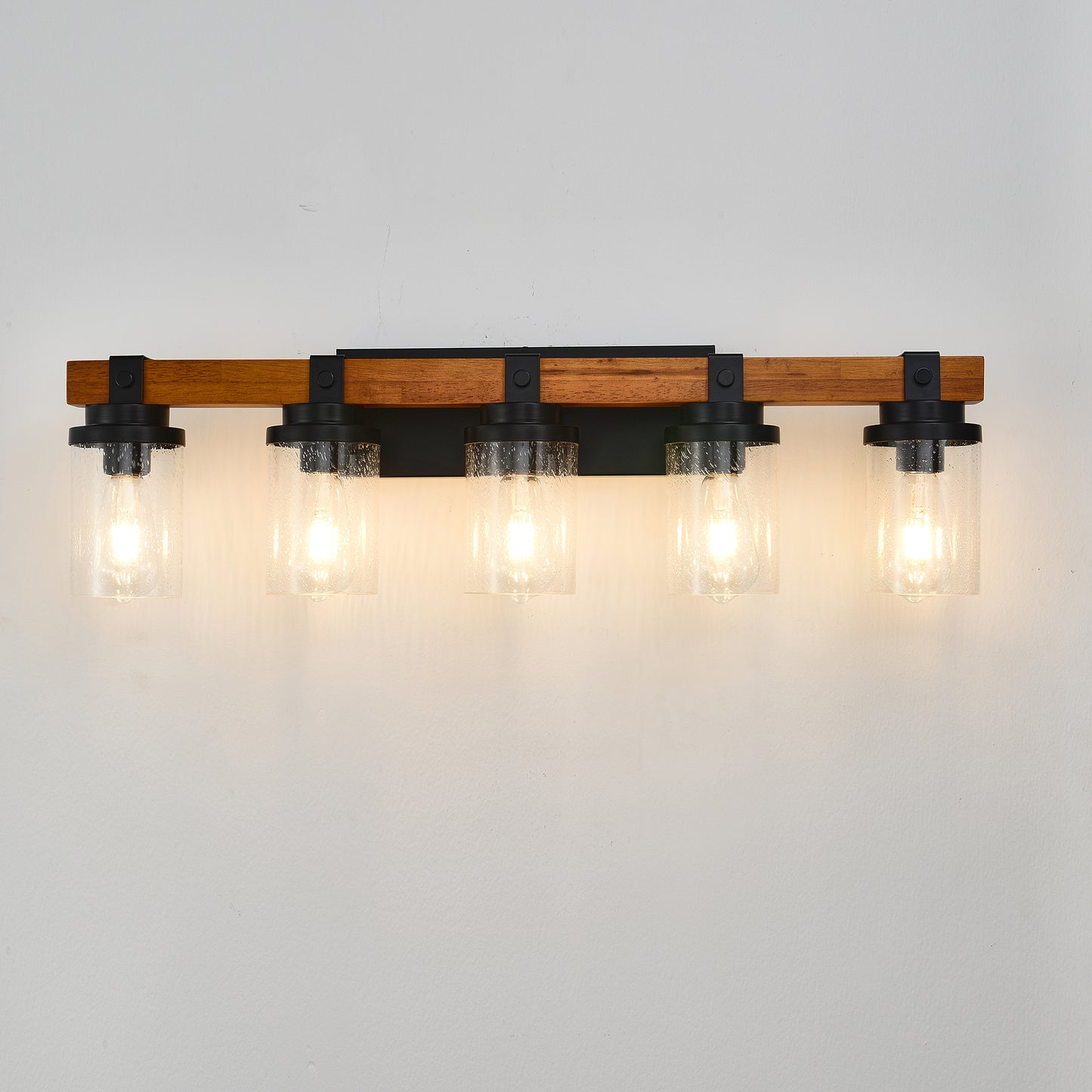 5-Light Matte Black & Wood Wall Light with Glass Shades - view 3