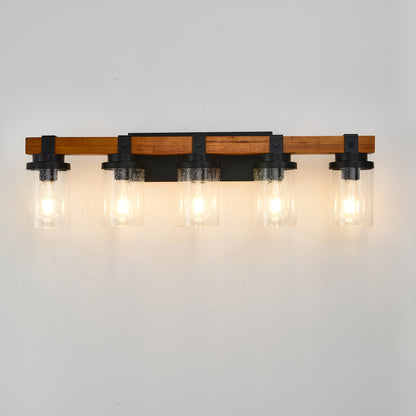 5-Light Matte Black & Wood Wall Light with Glass Shades - view 3