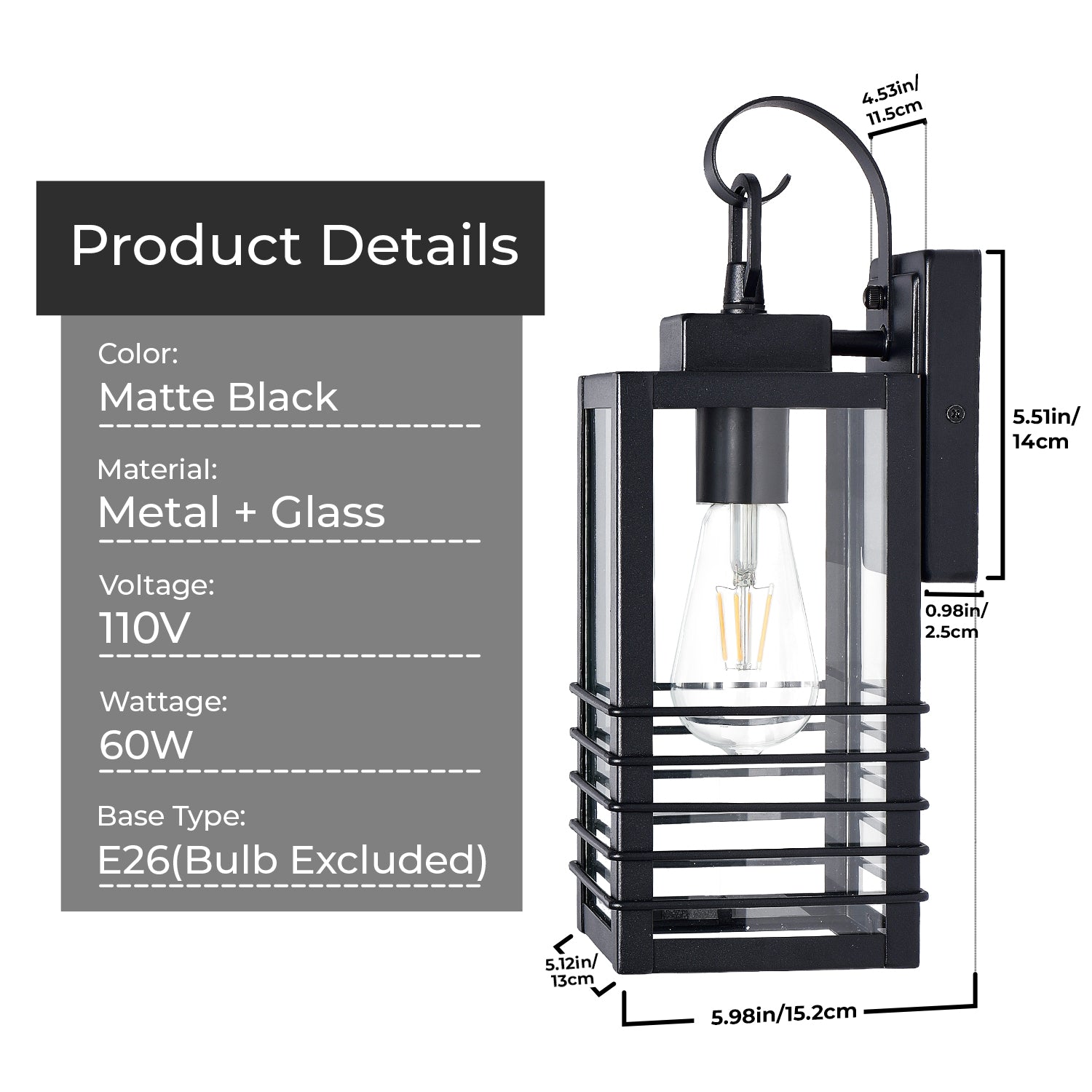 14.6" Matte Black Outdoor Wall Lantern with Glass Shade - view 7