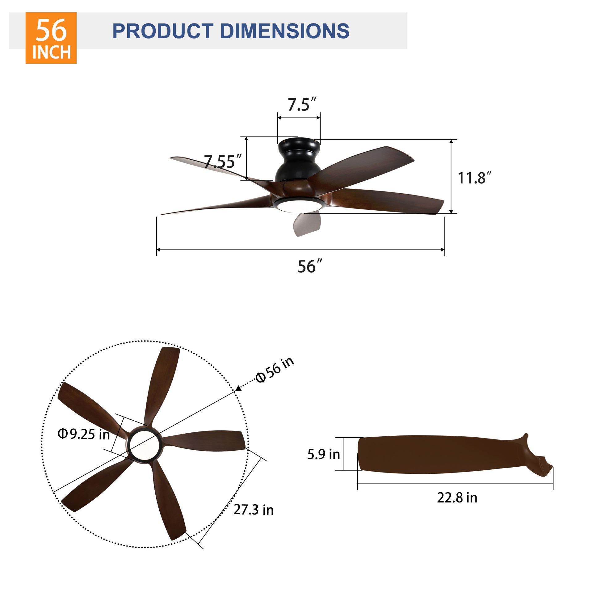 56" Matte Black & Wood Ceiling Fan with Remote - view 7